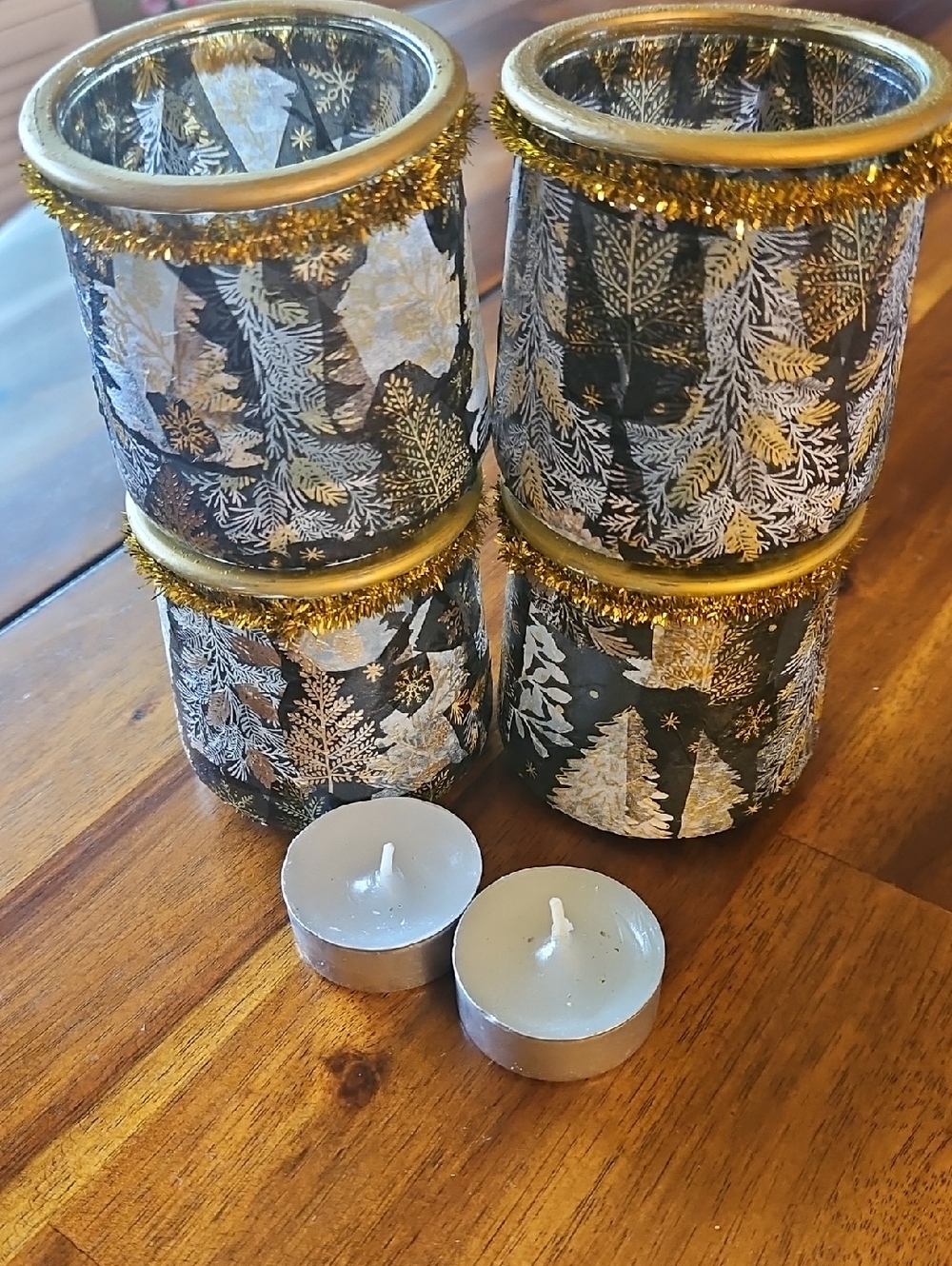 Festive Black & Gold Pine Tree Decopaged Jars/Votive Holders w/Candles. Qty 4